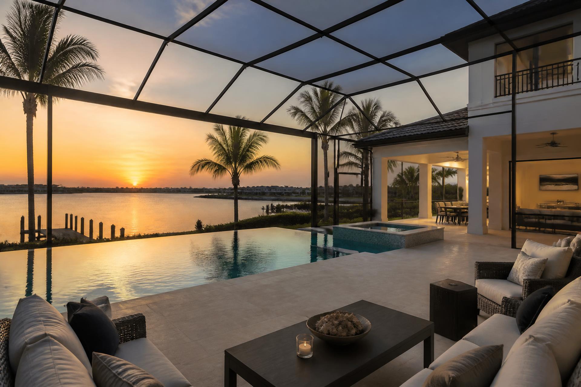 Screened pool enclosure and lanai of a Naples waterfront home at sunset